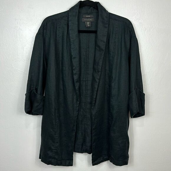 Tahari Linen Black 3/4 Sleeve Open Front Jacket With Pockets Size M - Picture 1 of 9
